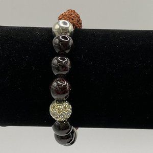 Rudraksha/Garnet/Silver Bead Stretch Bracelet w/ Rhinestone Accent Bead